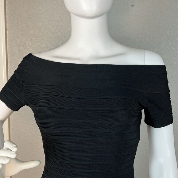 Herve Leger Size S Bandage Dress CARMEN” Black Off the Shoulder Knee Length - Picture 6 of 10